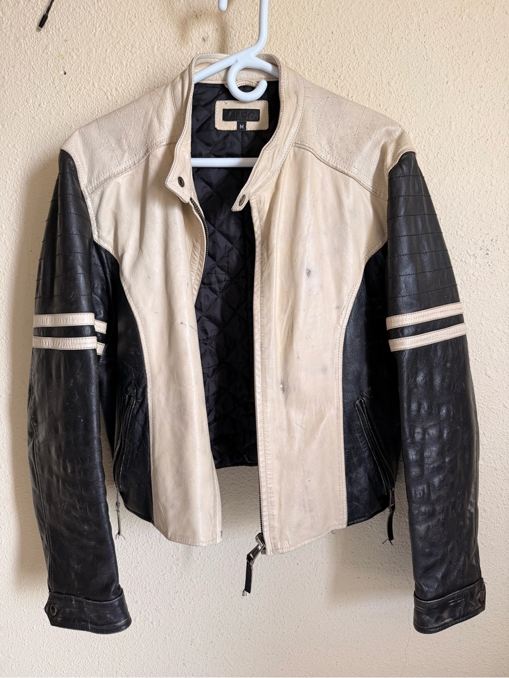 Aldo Two-Tone Black and Cream Leather Moto Jacket